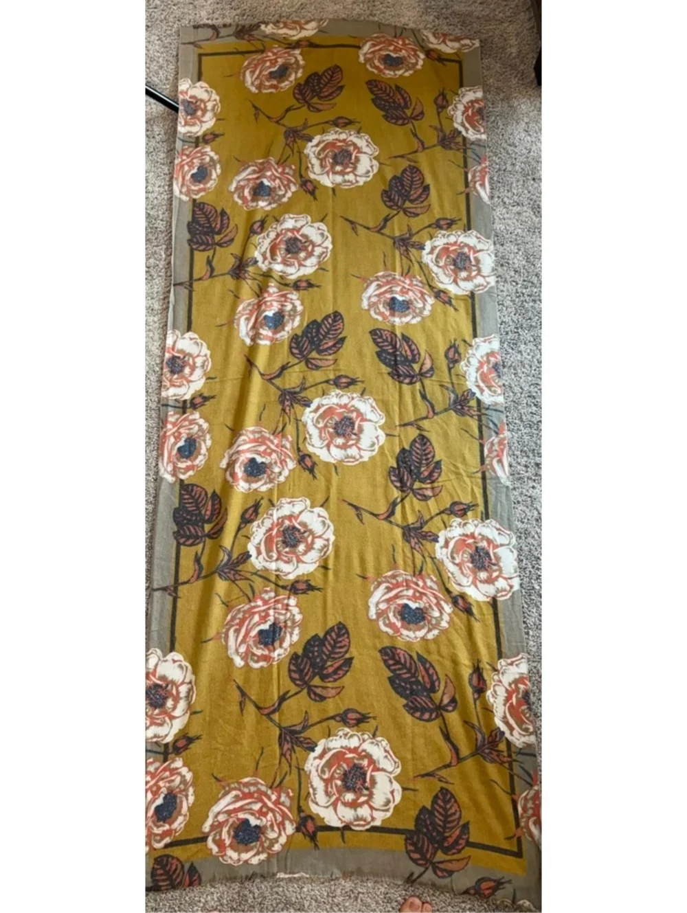 Oversized Mustard Floral Blanket Scarf Wrap Shawl Fringe Hem Boho Fall